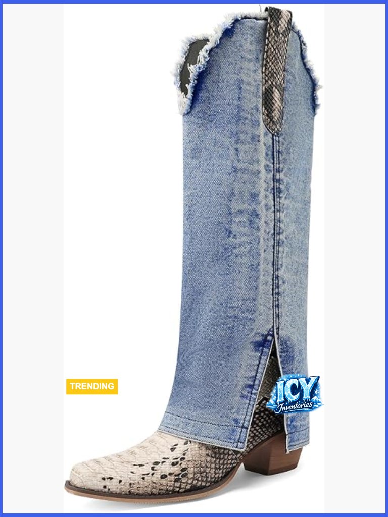 Denim Knee High Cowboy Boots Snakeskin Cowgirl Fold Over Chunky Heel Pointed